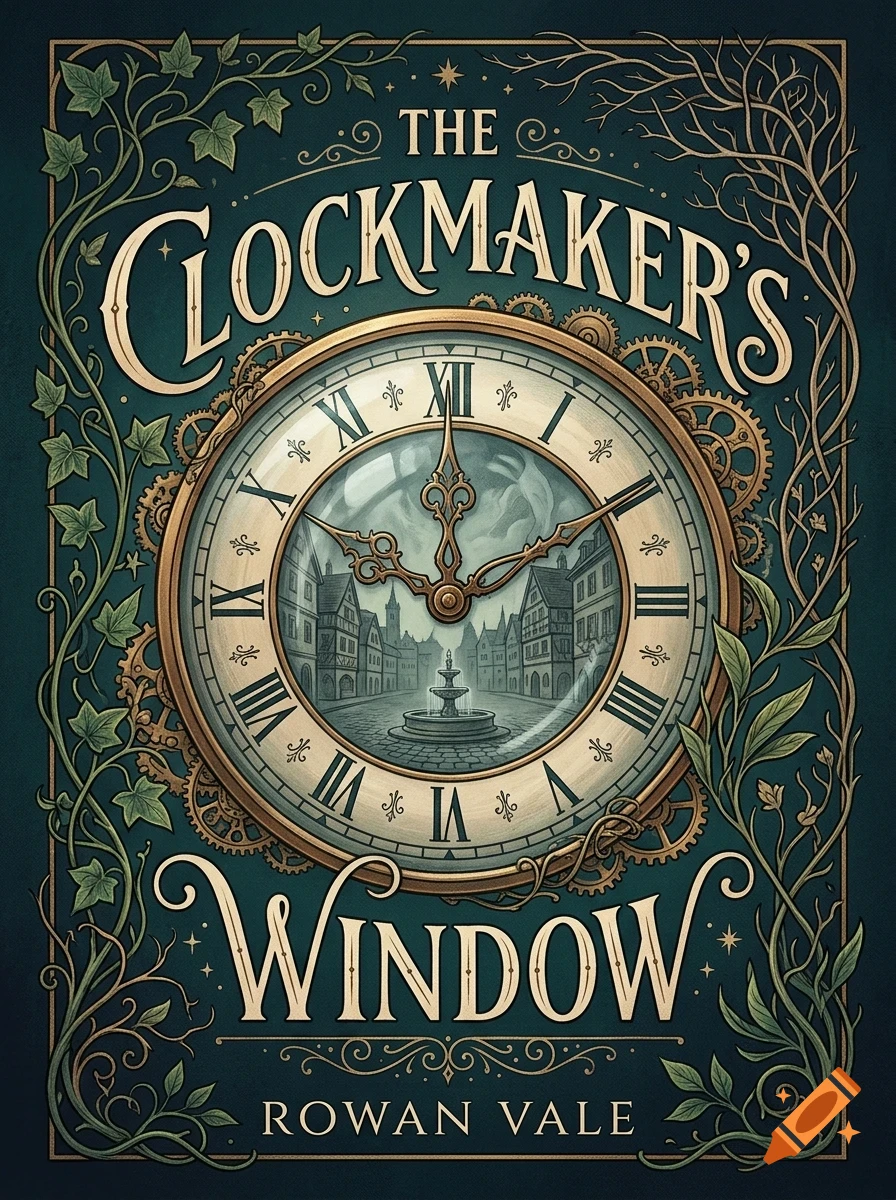 An ornate book cover featuring a large clock face with Roman numerals, gears, and a town scene through the glass, surrounded by intricate vine borders and the text The Clockmaker's Window by Rowan Vale.
