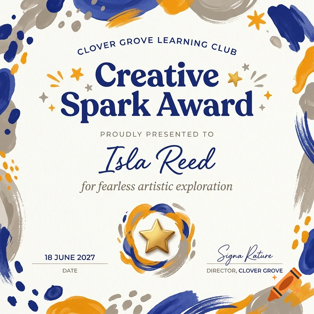 An award certificate reading Creative Spark Award presented to Isla Reed with blue and orange brushstroke borders and a gold star icon.