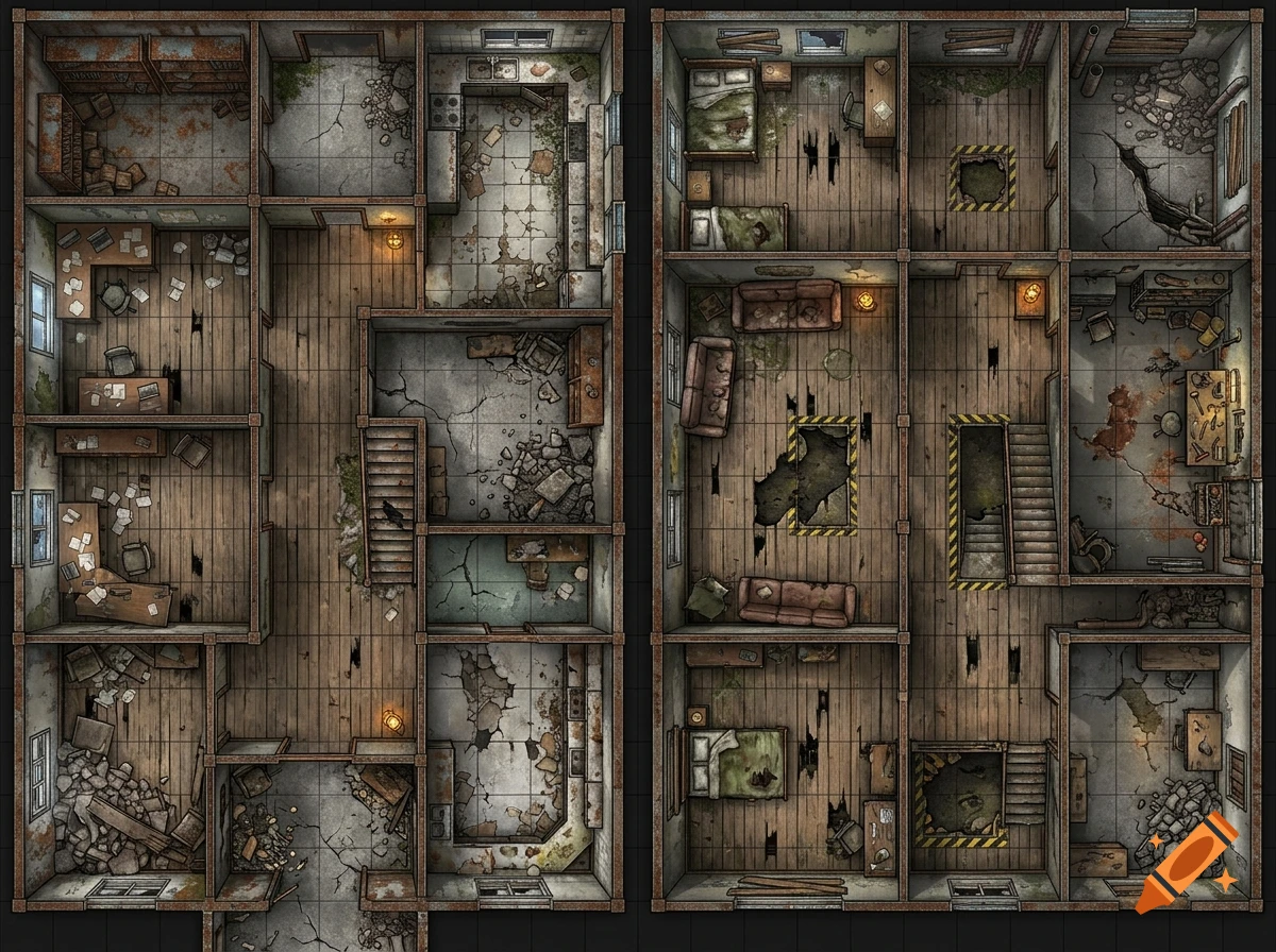 Top-down battlemap of a two-story ruined building interior with debris, broken furniture, and stairs.