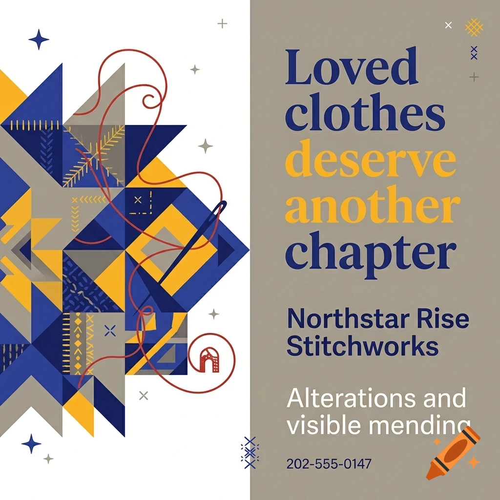 An image with geometric shapes on the left and the text Loved clothes deserve another chapter, Northstar Rise Stitchworks, Alterations and visible mending on the right.