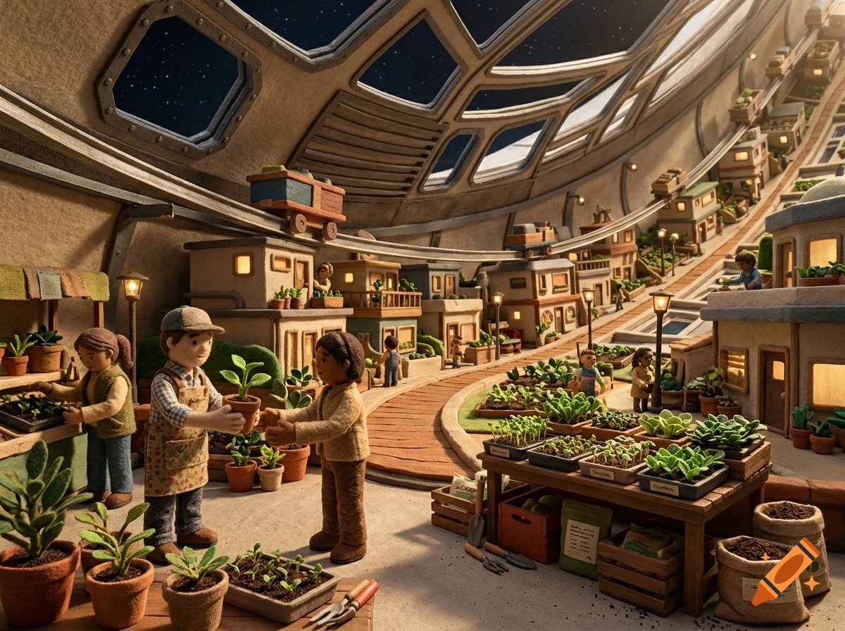 A miniature world inside a curved spaceship or habitat, featuring claymation-style figures gardening, houses, and small tracks with carts.