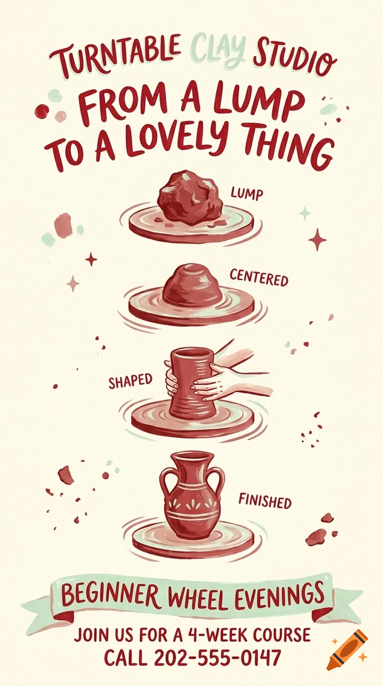An illustrated poster showing the steps of pottery on a wheel: lump, centered, shaped, and finished.
