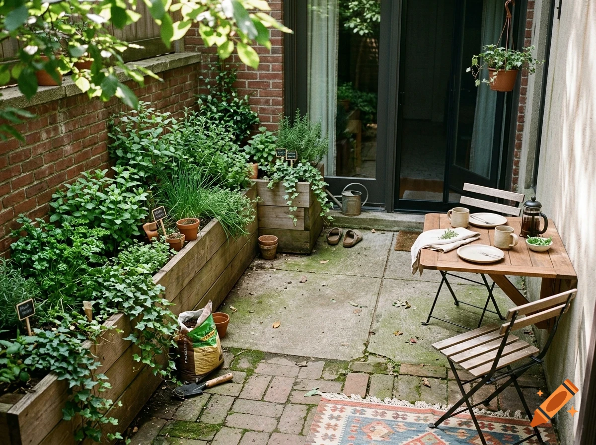 A small brick patio featuring raised wooden garden beds filled with plants, a small wooden drop-leaf table with two chairs, and a sliding glass door.