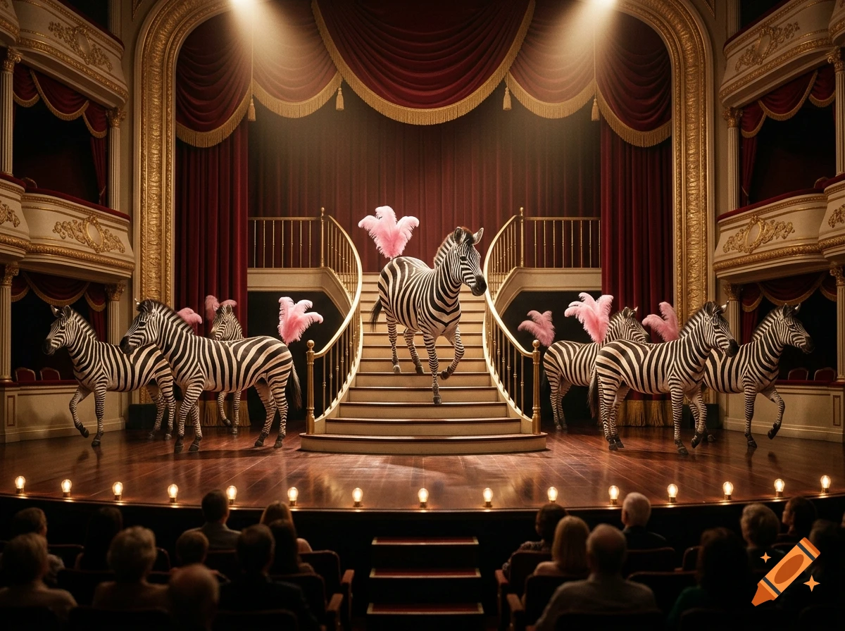 Photorealistic scene of zebras with pink feather tails performing as showgirls on a classic theater stage with an audience.