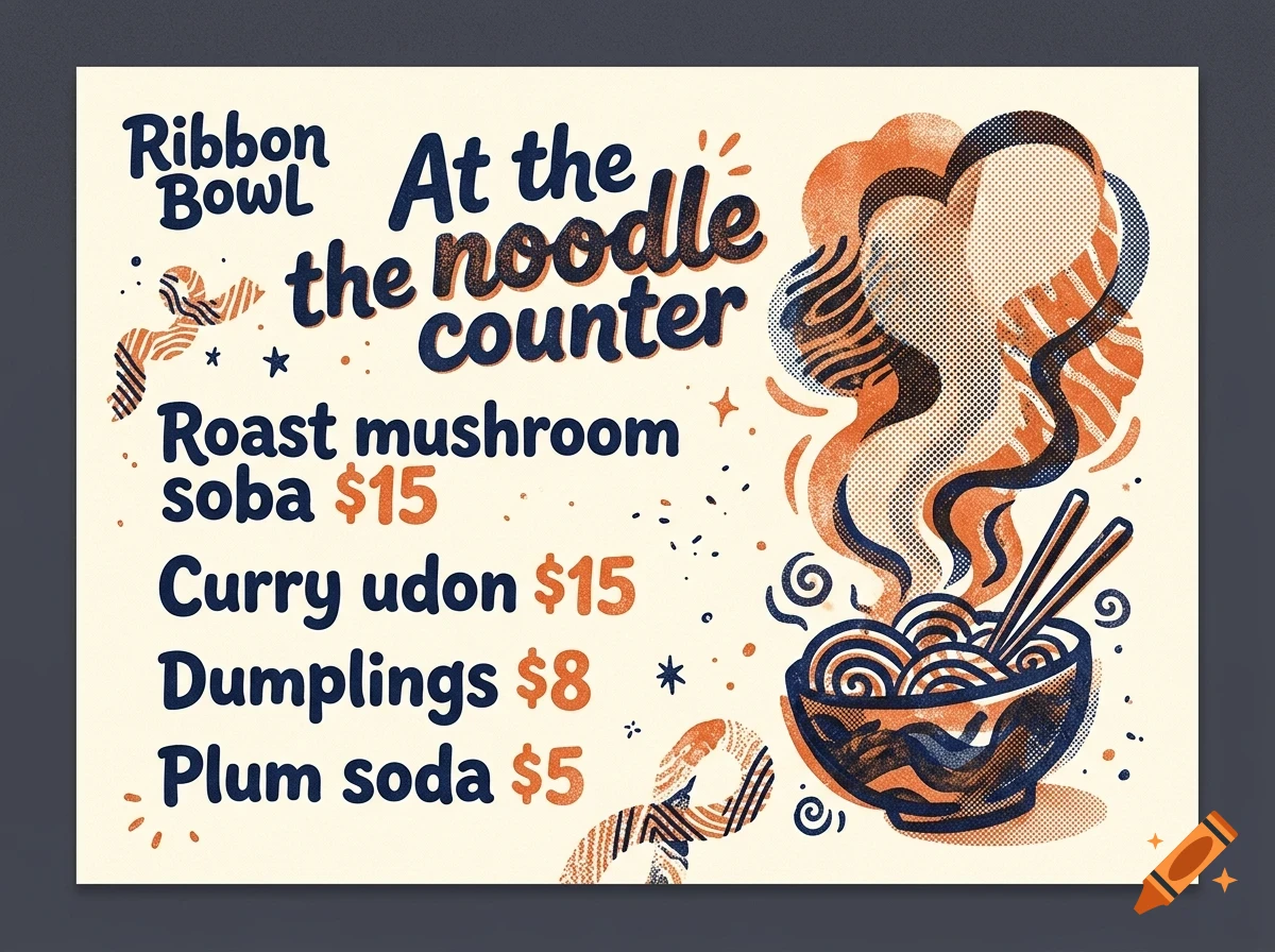 An illustrated menu poster for Ribbon Bowl featuring noodle dishes, dumplings, and drinks with retro halftone textures.