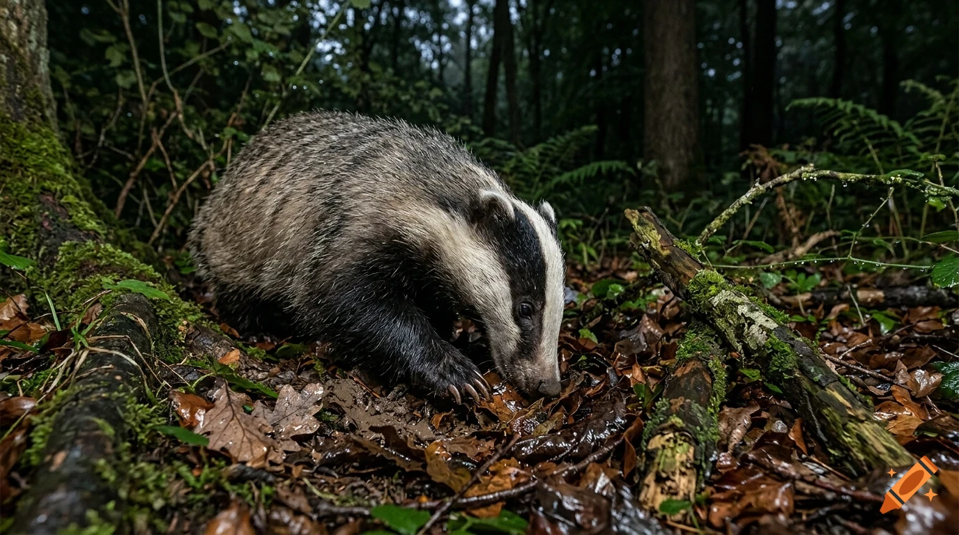 A badger foraging on the forest floor among fallen leaves and branches.