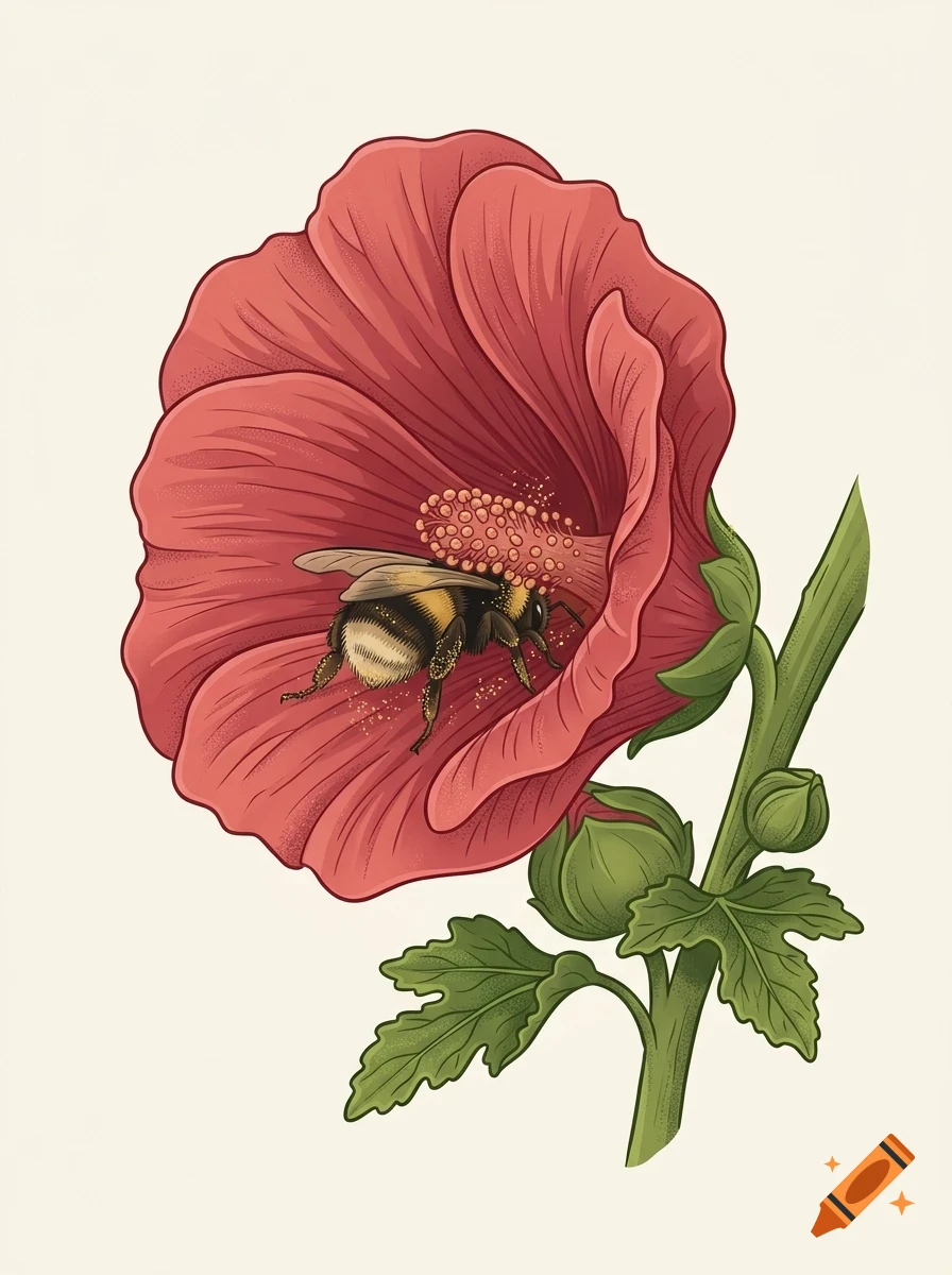 An illustration of a bumblebee inside a pink flower, with green leaves and a stem on a light background.