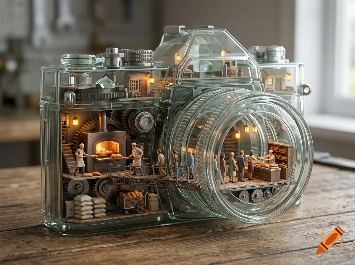 A miniature diorama inside a transparent glass camera reveals a bustling bakery with tiny bakers and customers.