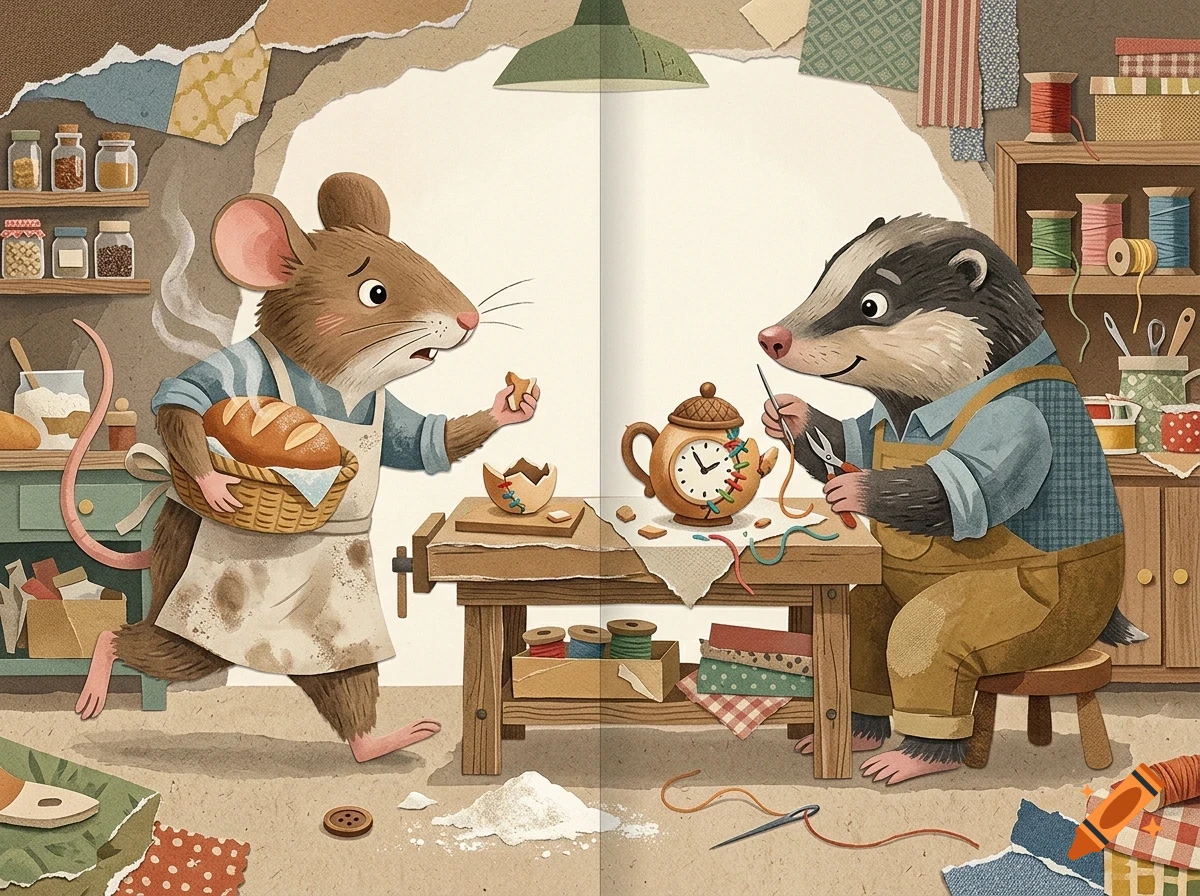 An illustration of an anthropomorphic mouse holding a basket of bread and running toward a badger who is sewing a teapot clock at a workbench.