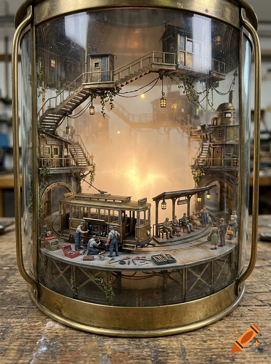 A detailed miniature steampunk-style diorama inside a glass cylinder, featuring elevated wooden houses connected by staircases, a tram under repair, and tiny figures at a station.