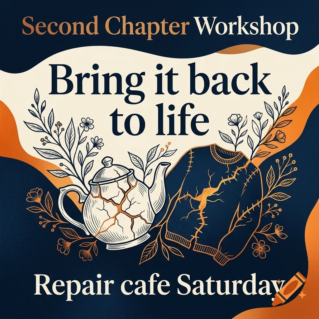 An illustrated workshop poster with text reading Second Chapter Workshop and Bring it back to life, featuring a cracked teapot and a mended sweater surrounded by floral line art.