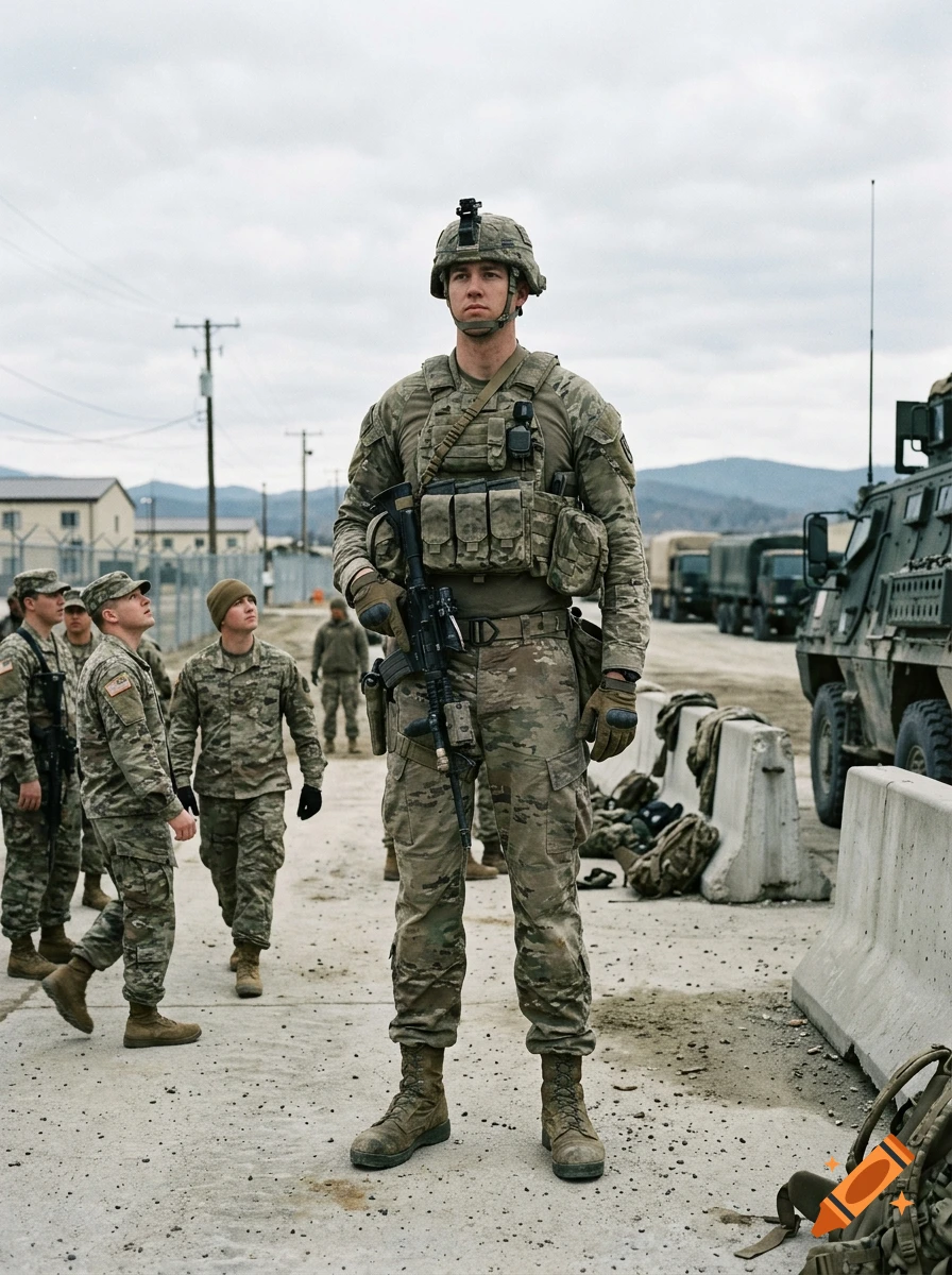 Photorealistic image of a towering, 10-foot-tall soldier in full combat gear standing outdoors with other soldiers looking up in surprise.