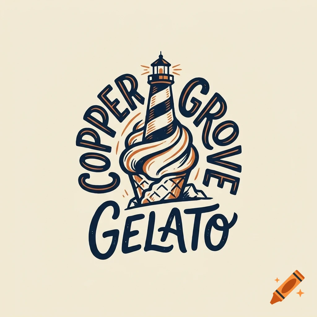 An illustrated logo featuring an ice cream cone topped with a lighthouse, surrounded by the text "Copper Grove Gelato".