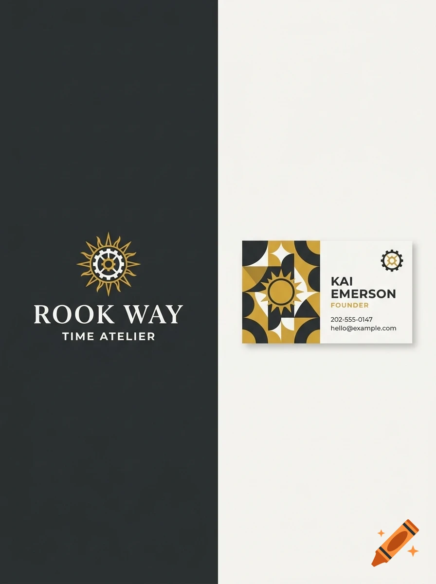A business card design featuring geometric patterns and a sun-and-gear logo with the text Rook Way Time Atelier and Kai Emerson Founder.