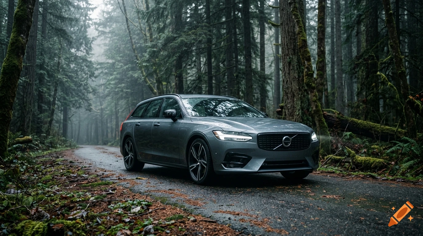 Photorealistic shot of a gray Volvo station wagon parked on a wet road in a dense, foggy evergreen forest.