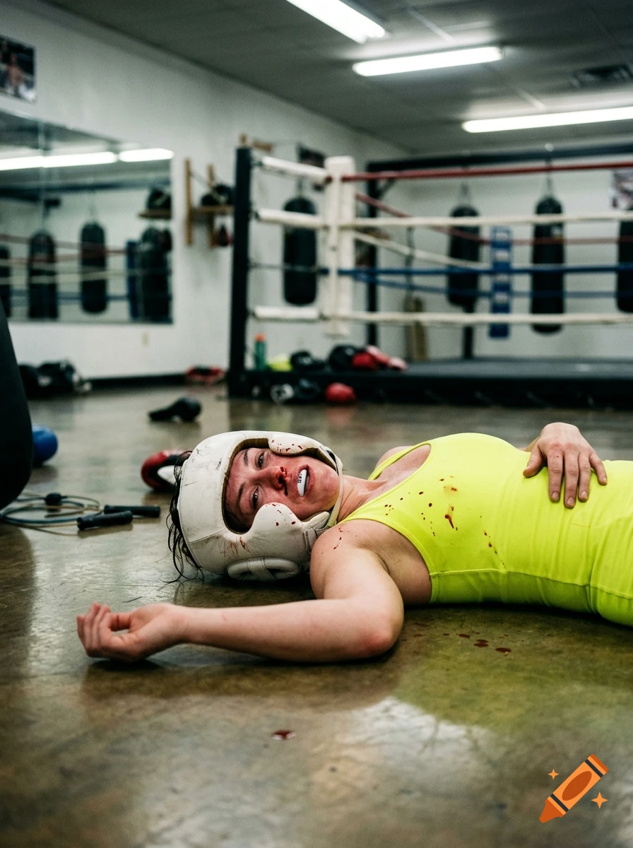 Photorealistic image of a female boxer lying on the floor in a gym, wearing a neon yellow wrestling suit, white headgear, and mouthguard.