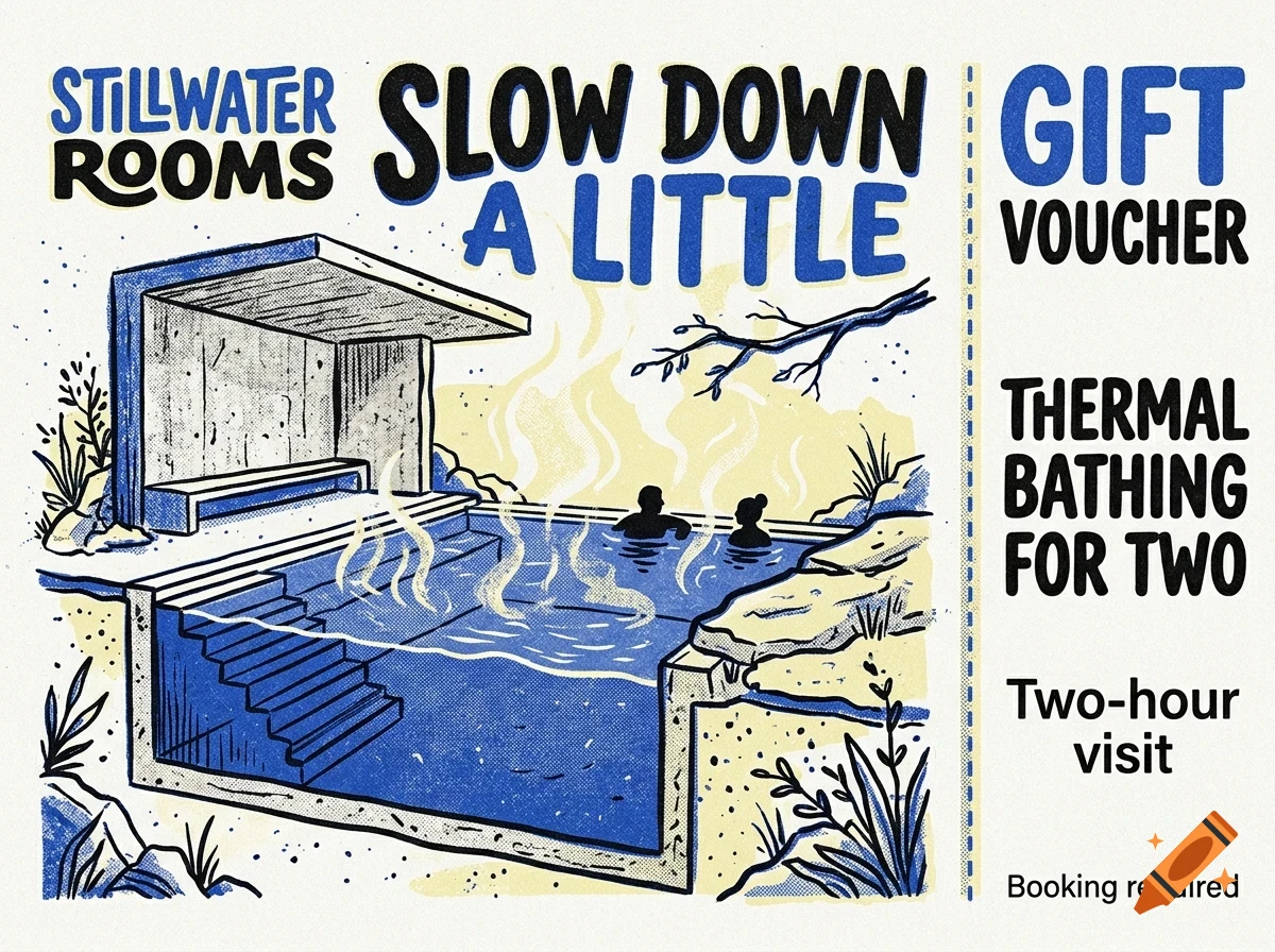 An illustrated gift voucher design for Stillwater Rooms featuring an outdoor thermal pool and steam, with text reading Slow down a little and Gift voucher.