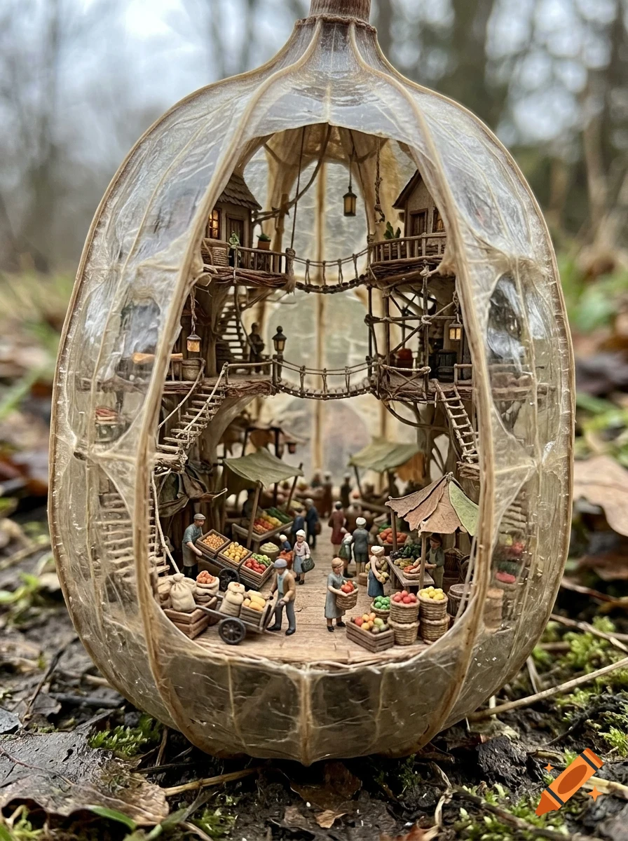 A miniature world inside a hollowed-out seed pod depicting a bustling village market with tiny houses and people.