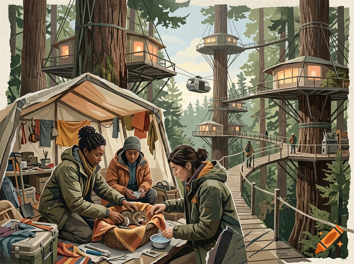 Three people outside a tent tending to a small animal in a forest with tall redwood trees and treehouse cabins connected by walkways.