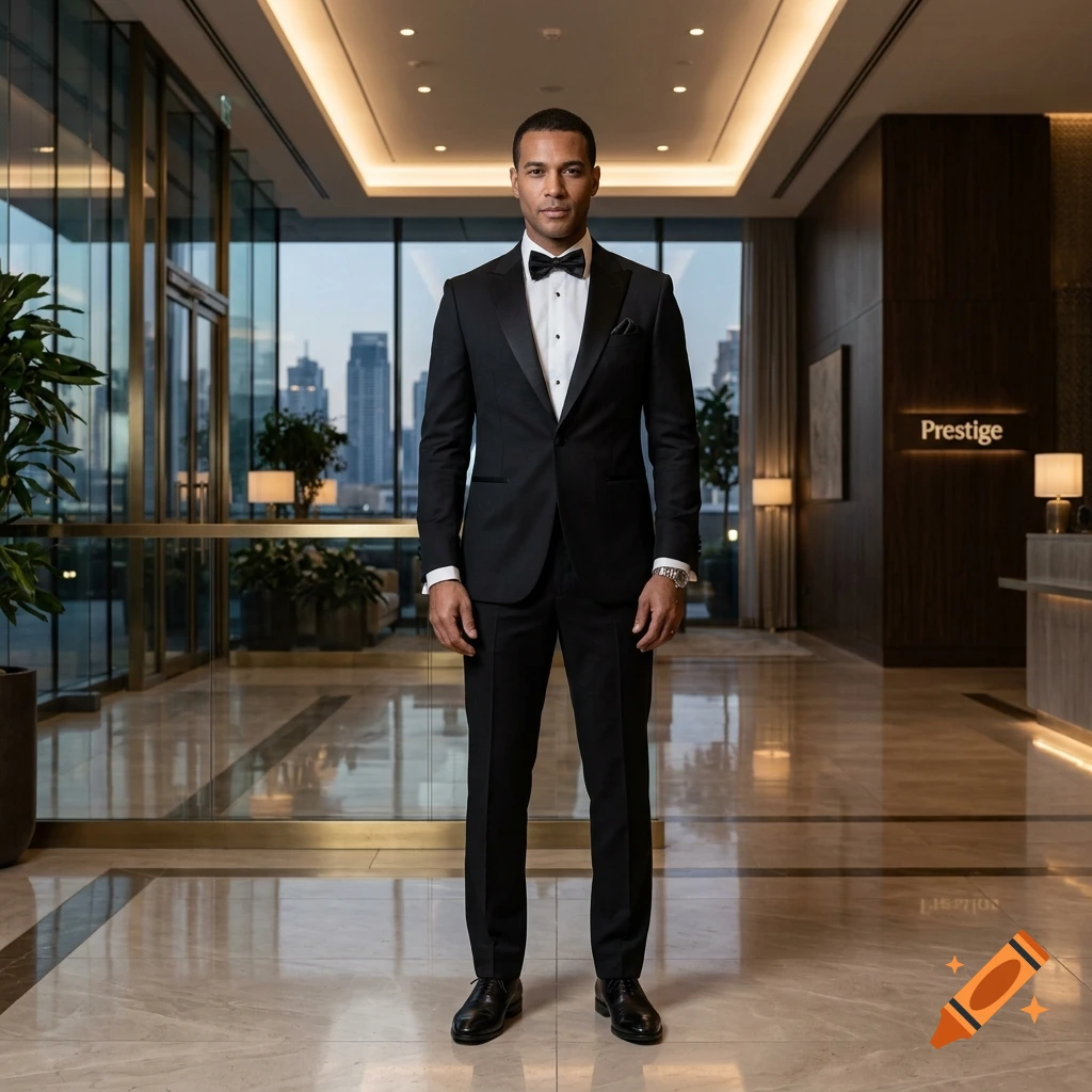 Photorealistic full-body portrait of a man in a black tuxedo and bow tie standing in a luxury hotel lobby.