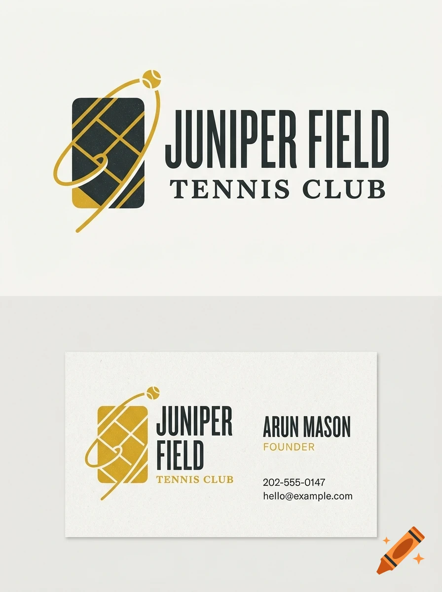 Logo and business card design for Juniper Field Tennis Club with a tennis ball graphic.