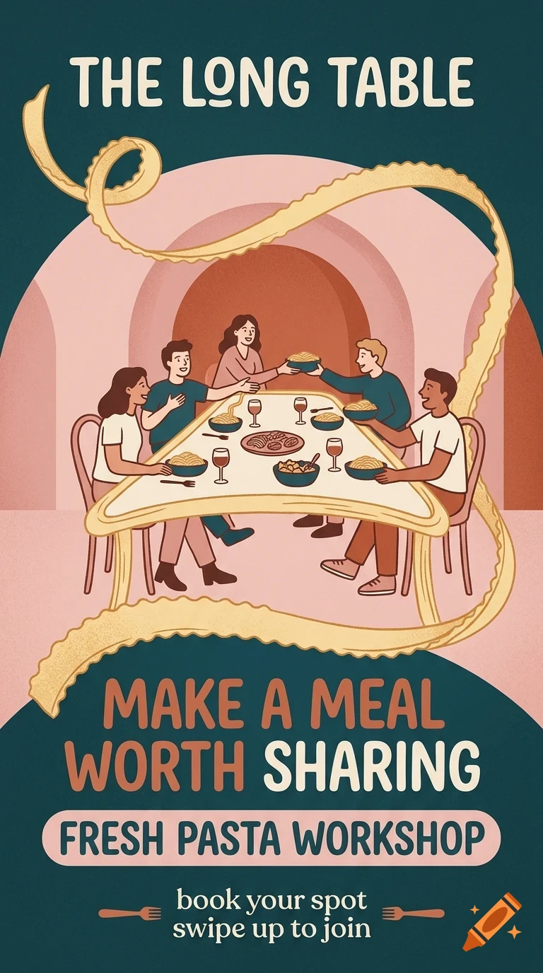 An illustrated poster showing five people sitting around a table sharing a meal, with text reading 'THE LONG TABLE' and 'MAKE A MEAL WORTH SHARING'.