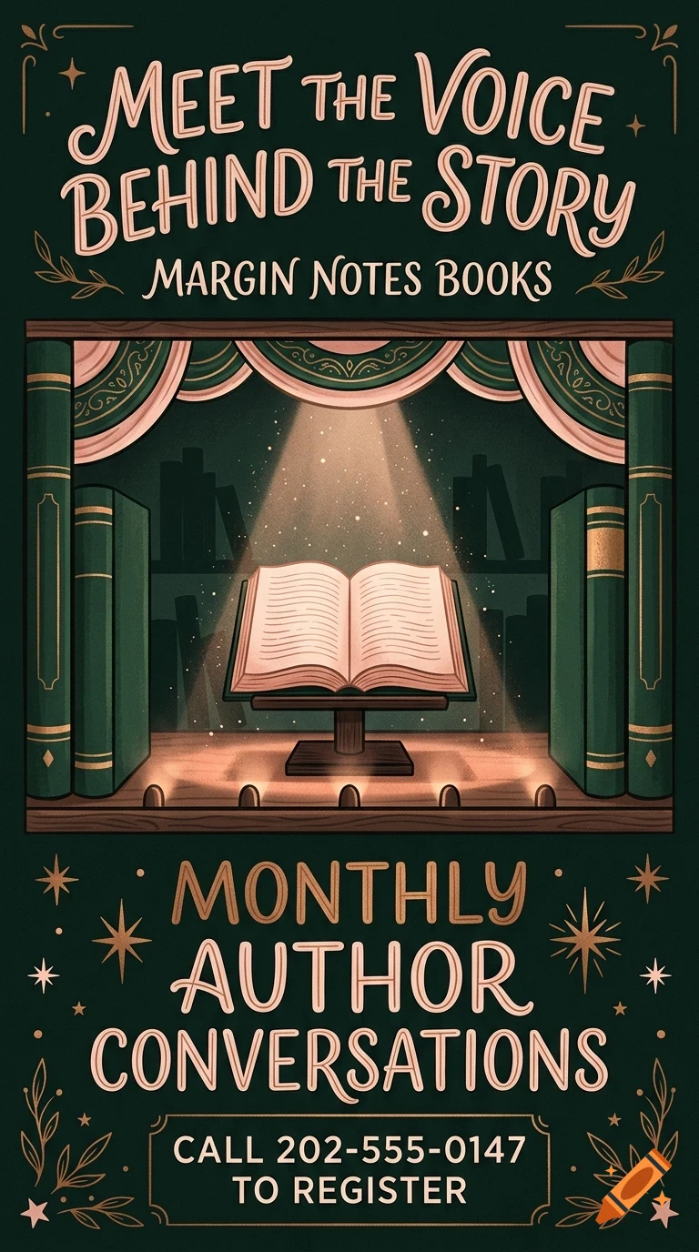 An illustrated promotional poster featuring a spotlighted open book on a stand surrounded by curtains and bookshelves, with lettering reading MEET THE VOICE BEHIND THE STORY and MONTHLY AUTHOR CONVERSATIONS.