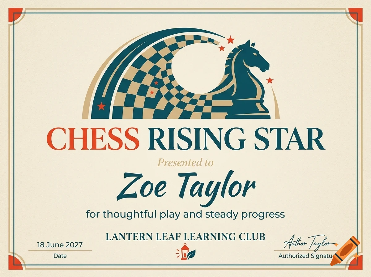 A certificate titled Chess Rising Star awarded to Zoe Taylor, featuring a stylized chess knight graphic and retro color scheme.