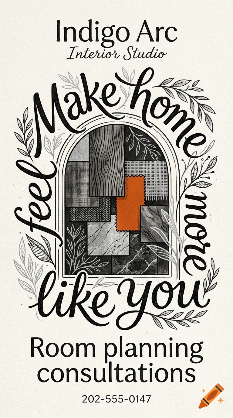An illustrated poster for Indigo Arc Interior Studio featuring the phrase Make home feel more like you surrounding material swatches inside an archway.