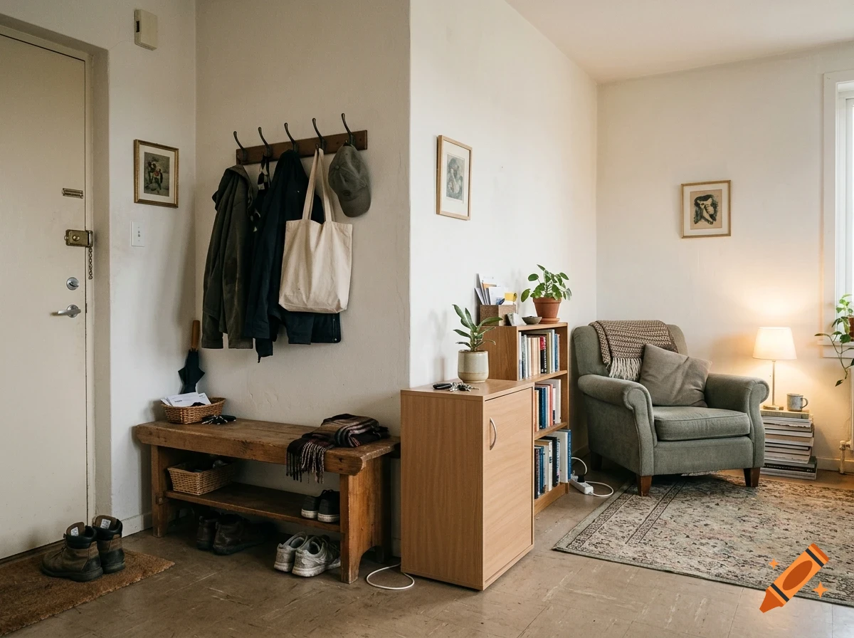 A cozy hallway interior featuring a wooden bench with shoes underneath, a coat rack with jackets and a tote bag, a small bookcase, and an armchair in the corner.