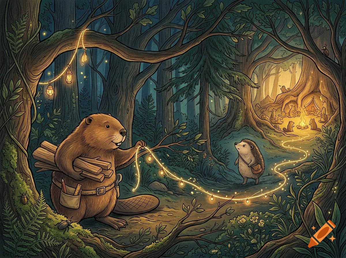 An illustration of a beaver holding logs and string lights in a glowing forest, looking at a small hedgehog.