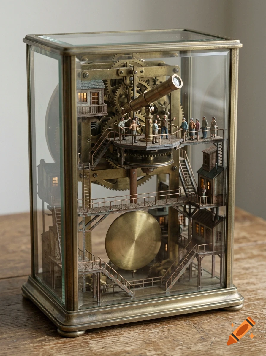 An intricate glass case enclosing a miniature mechanical clockwork world with gears, small houses, walkways, a telescope, and tiny human figures.