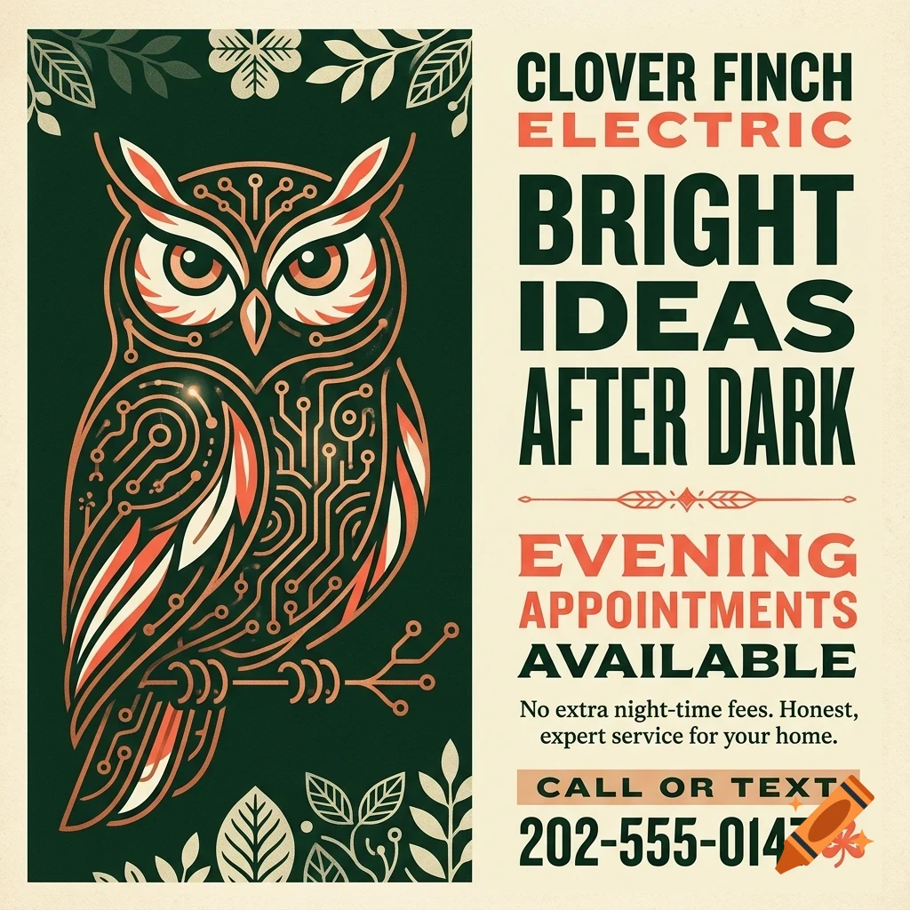 An advertisement for Clover Finch Electric featuring a stylized owl illustration with circuit board patterns and text about night-time electrical services.