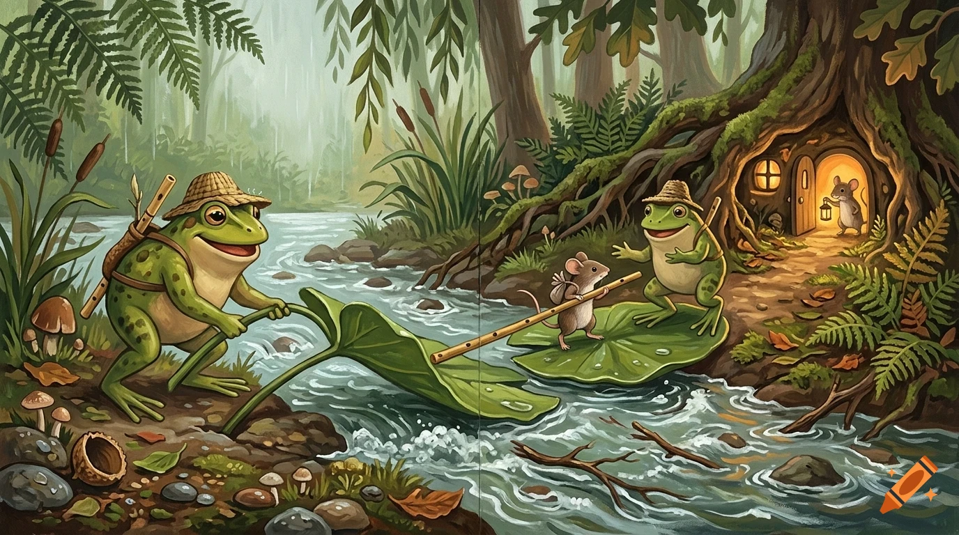 An illustrated woodland scene with frogs and mice interacting near a stream and a hollow tree home.