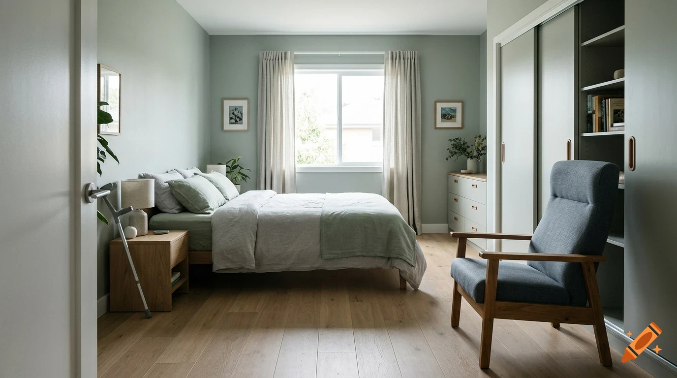 A modern, light-filled bedroom with sage green walls, a made bed with green linens, a wooden nightstand, built-in wardrobes, and a blue armchair in the foreground.