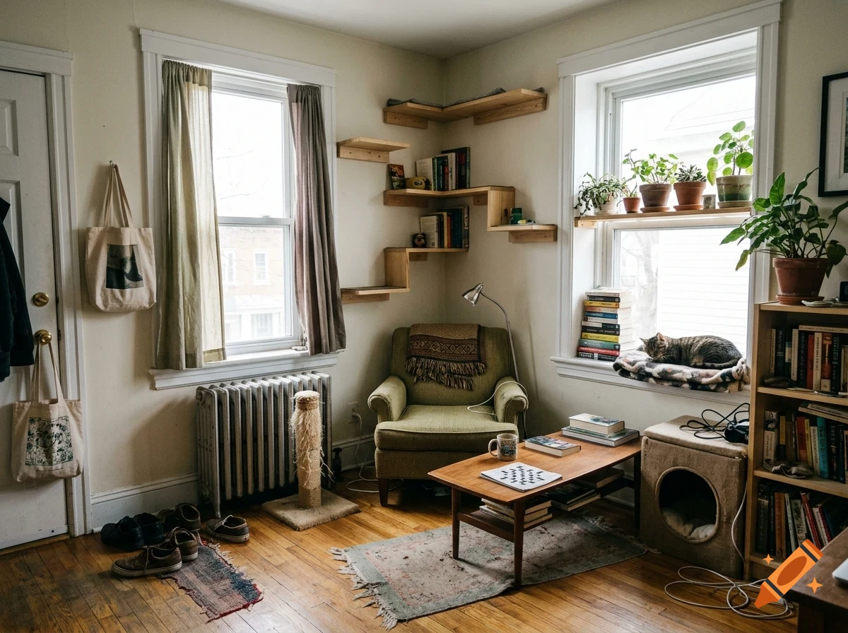 A cozy living room corner with a green armchair, a cat sleeping on a windowsill, bookshelves, and potted plants.