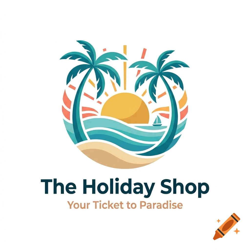 Circular vector logo for The Holiday Shop featuring palm trees, a sun, ocean waves, and a sailboat in clean modern design style.