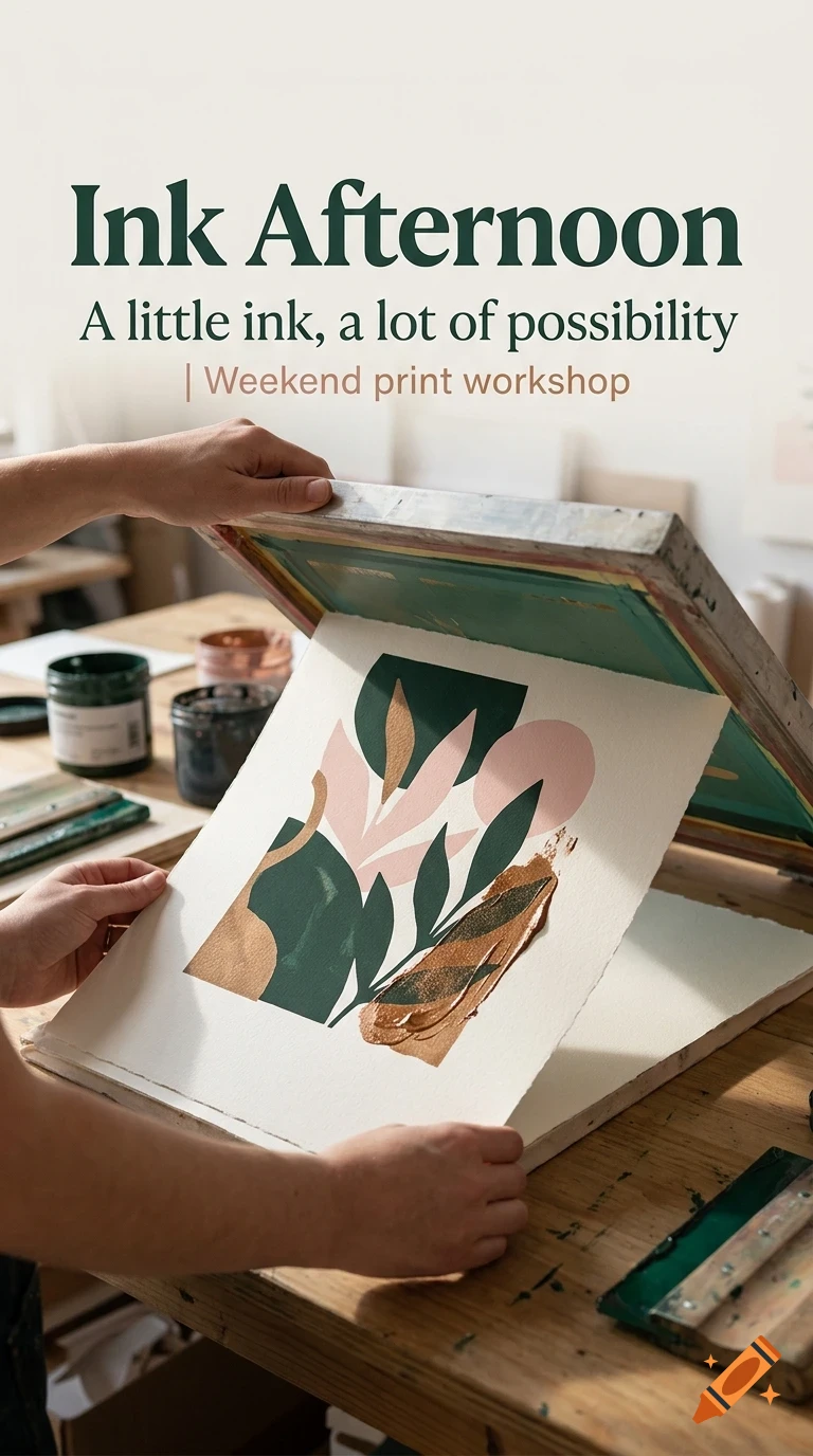 A person lifting a screen printing frame off a paper showing an abstract plant design, with ink jars on a wooden table.