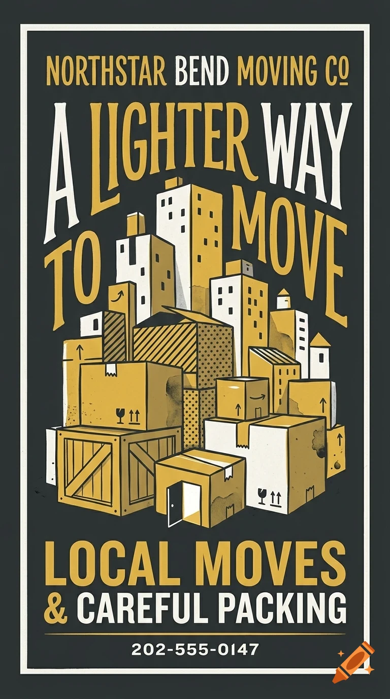 An illustrated poster for Northstar Bend Moving Co featuring stacked cardboard boxes forming a city skyline.