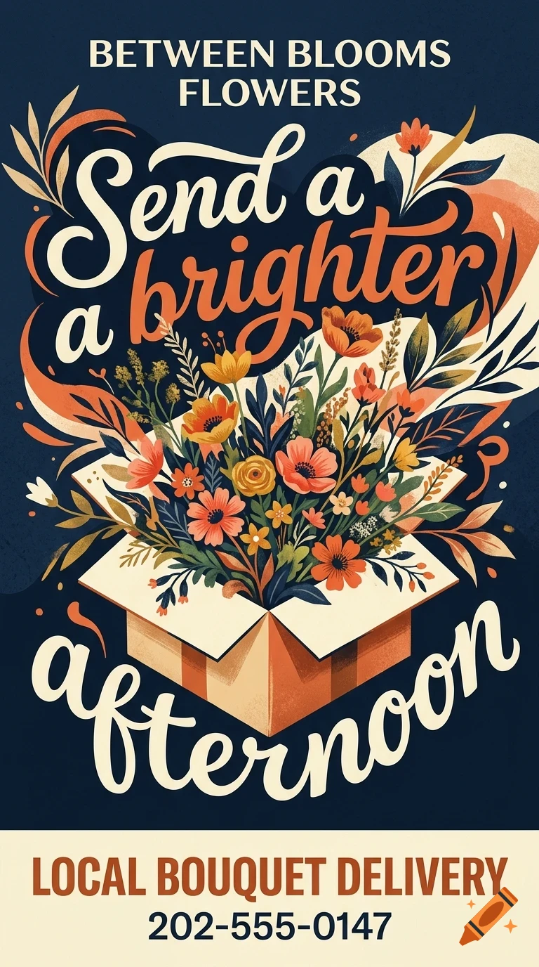 An illustrated poster advertising flower delivery, featuring an open box overflowing with colorful flowers and decorative lettering saying Between Blooms Flowers Send a brighter afternoon.