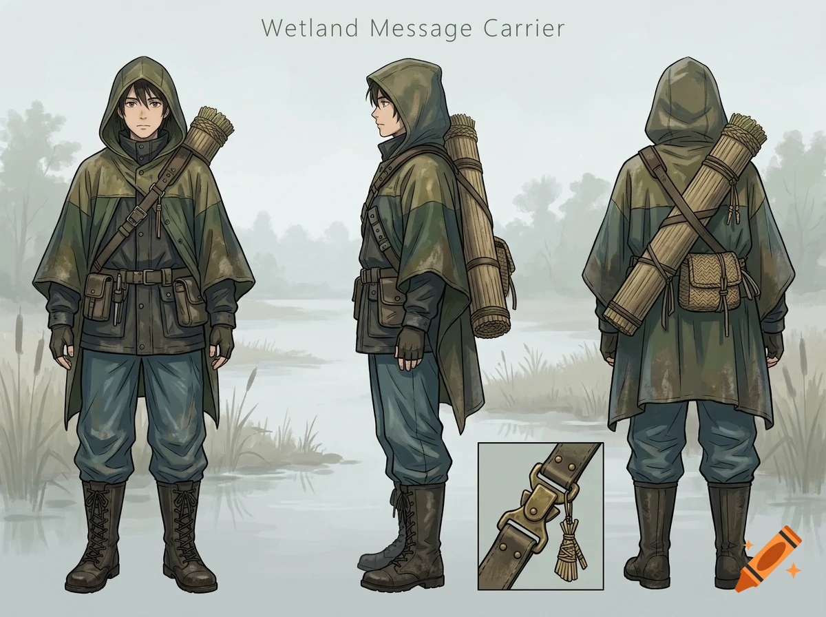 Character design sheet of a fantasy person in a hooded green poncho and boots, shown from front, side, and back views with a strap detail inset.