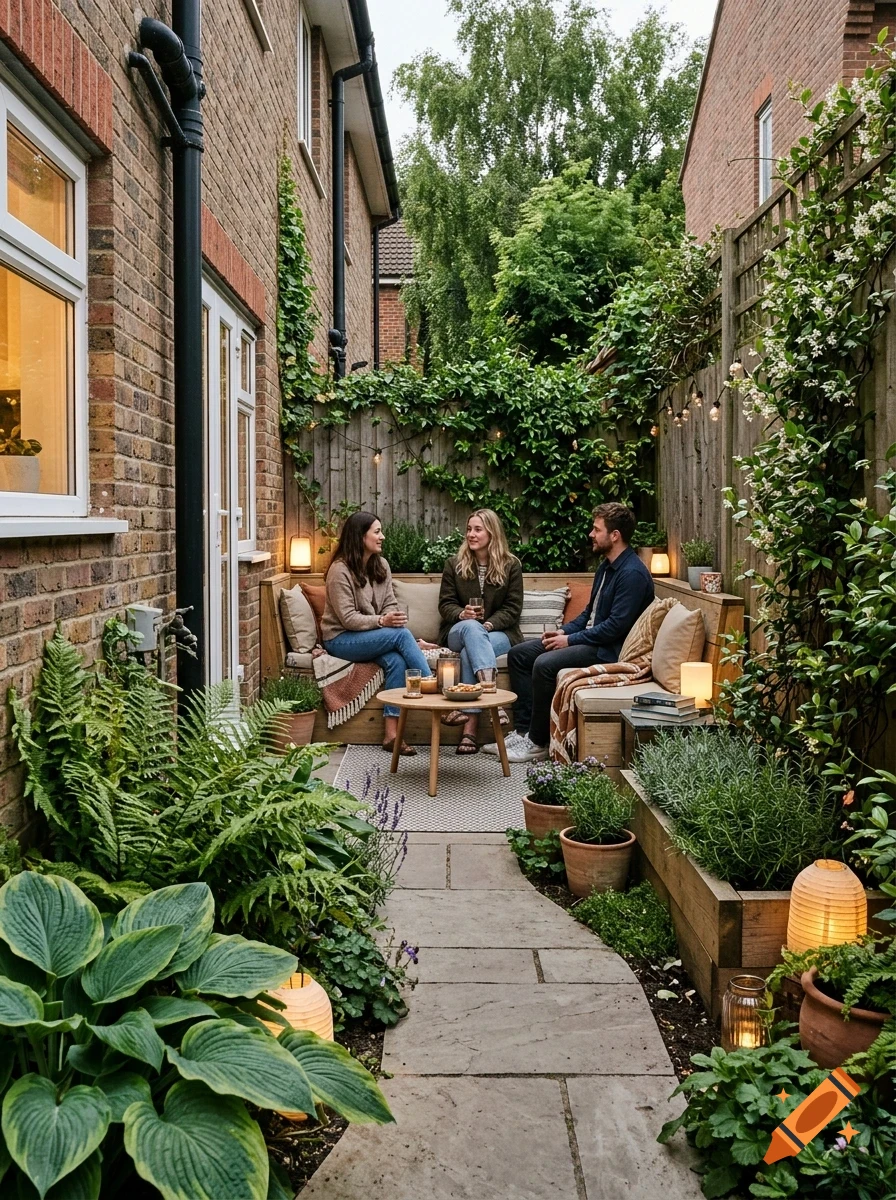 Three friends sitting on a wooden bench in a cozy, plant-filled backyard patio with a stone path.