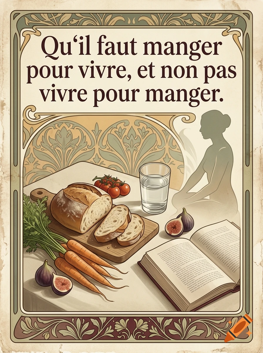 Art Nouveau poster featuring French quote at top, with bread, carrots, figs, water, and an open book on a table, and a silhouette of a woman.
