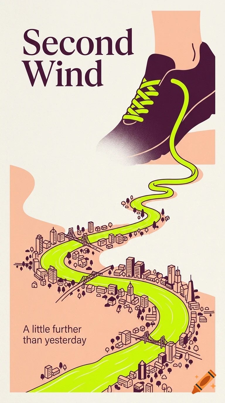 An illustrated poster features a running shoe with a green shoelace that extends downward to form a winding road through a cityscape, with text reading Second Wind.