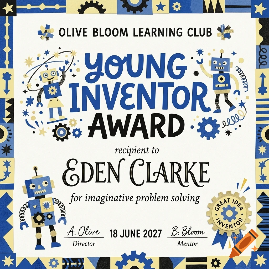 An award certificate featuring blue and yellow robots, gears, and decorative borders, with text reading Young Inventor Award for Eden Clarke.
