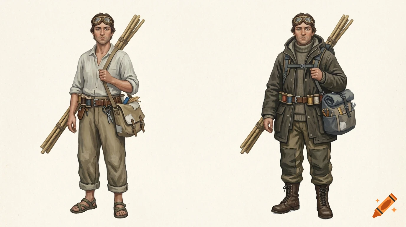 Character concept art showing two versions of a male adventurer wearing goggles, carrying bamboo poles, and equipped with tool belts and bags.