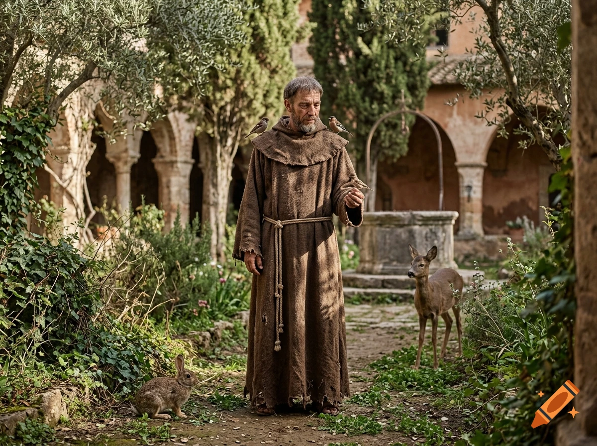 Photorealistic depiction of Saint Francis in a rustic cloistered garden, surrounded by birds, a rabbit, and a deer.