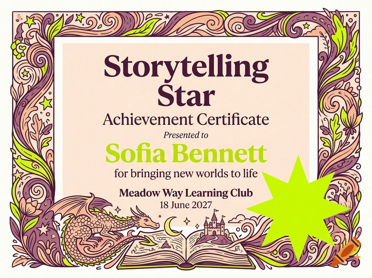 An achievement certificate with ornate fantasy-themed borders, featuring a dragon and an open book.