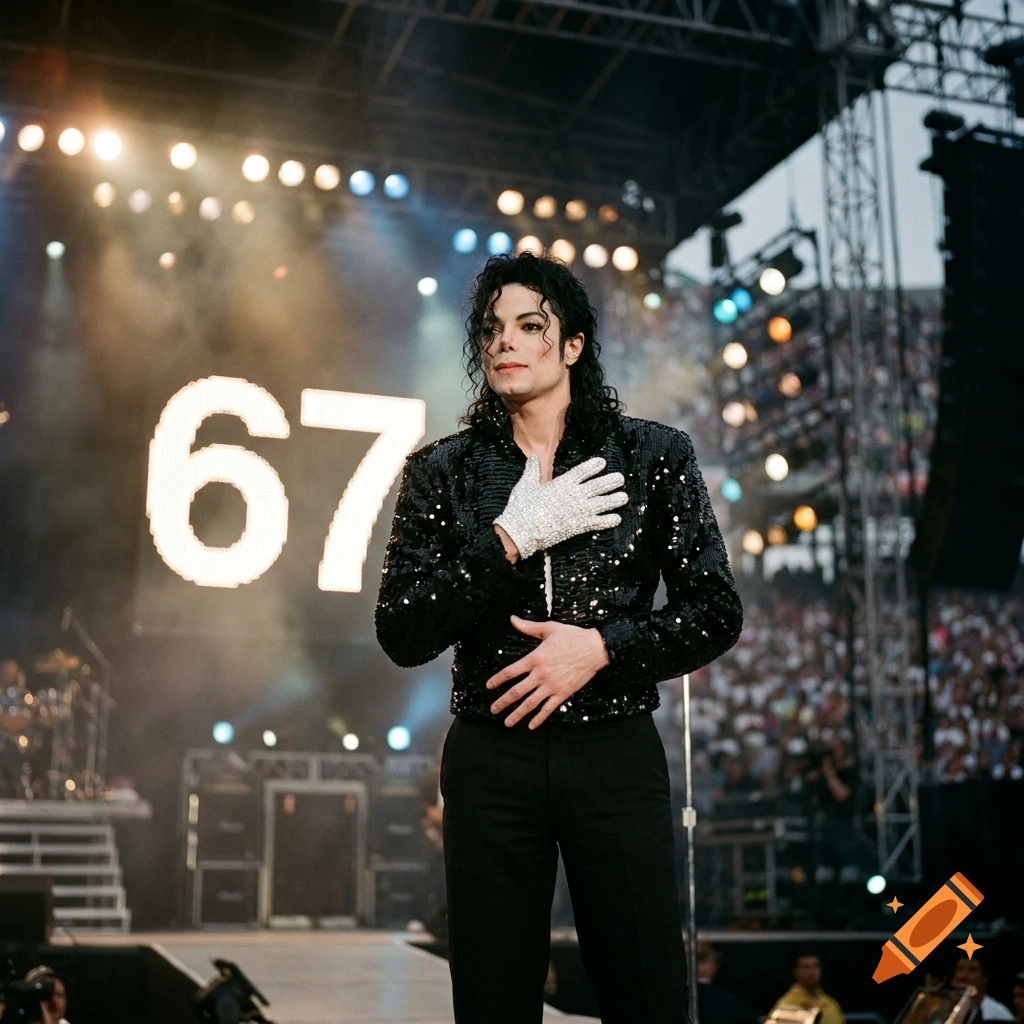 Photorealistic image of Michael Jackson performing on stage with a large number 67 in the background.