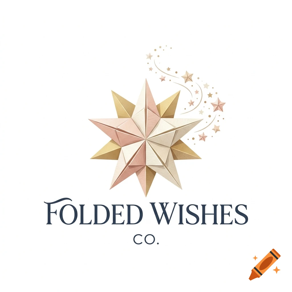 Logo for Folded Wishes Co. featuring an origami star and sparkling trail on a white background.